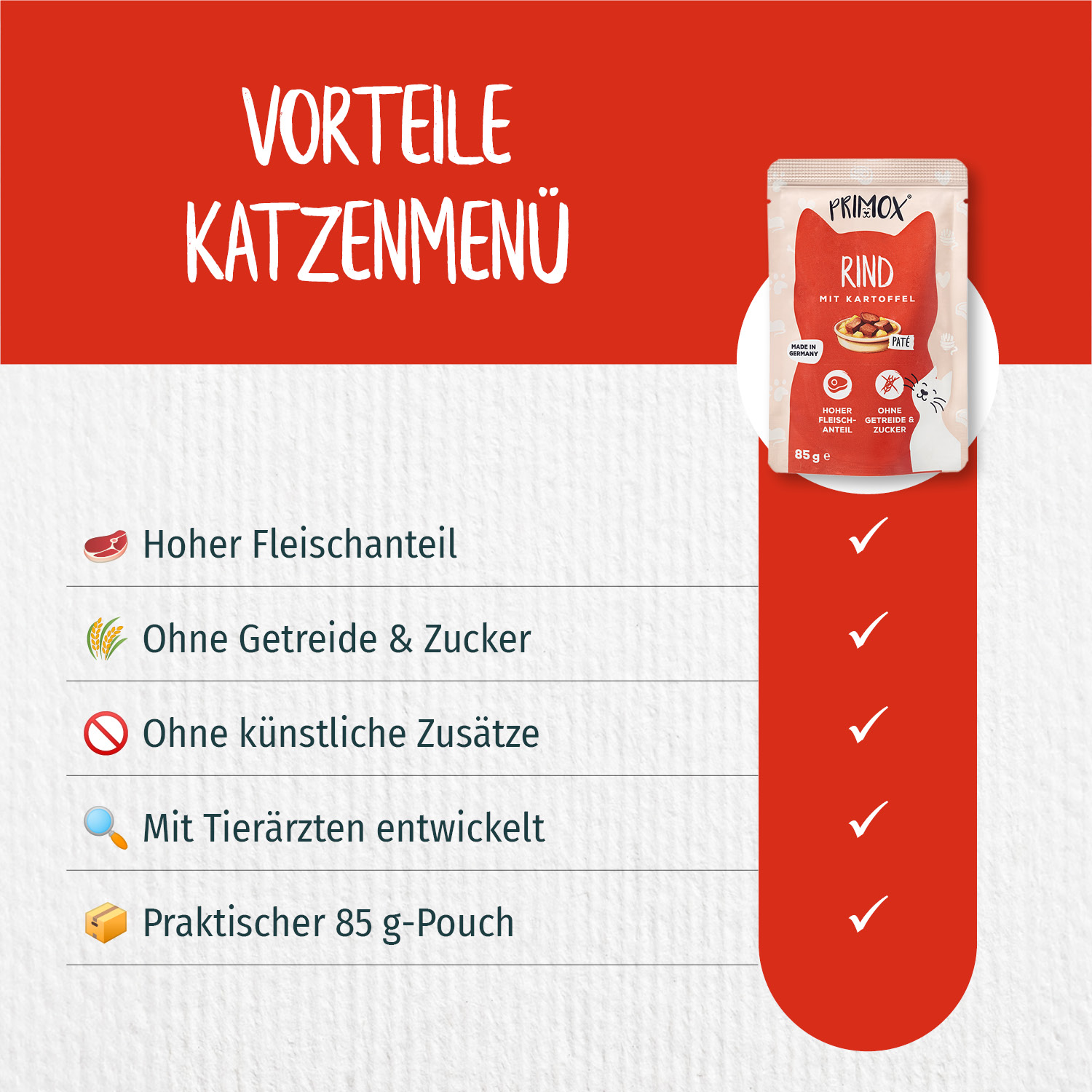 Primox - Katzennassfutter Rind 85g Pouch - 12 x 85 g - 2