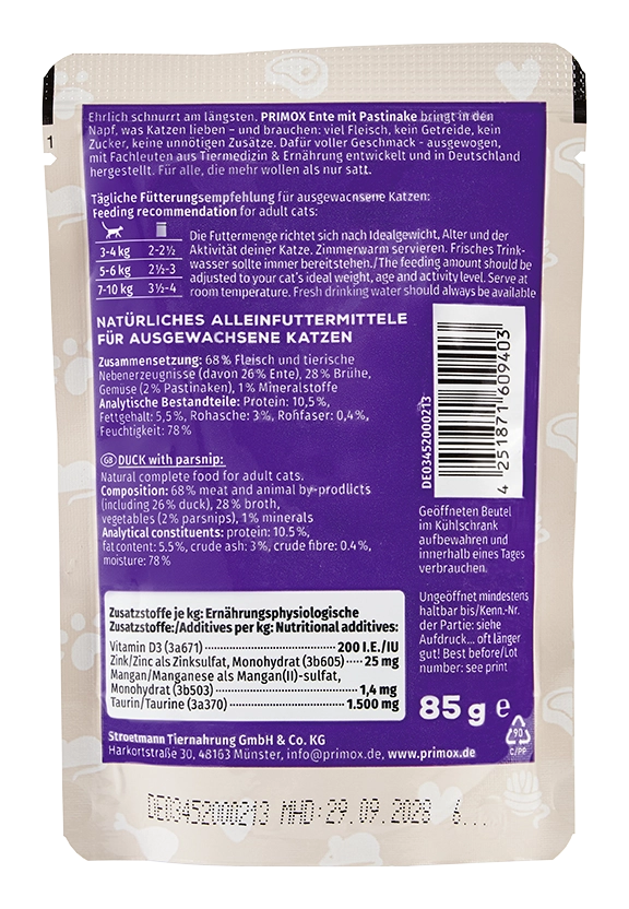 Primox - Katzennassfutter Ente 85g Pouch - 12 x 85 g - 5
