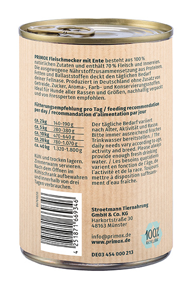 Primox - Hunde Nassfutter mit Ente 6 x 400g - 6 x 400 g - 6