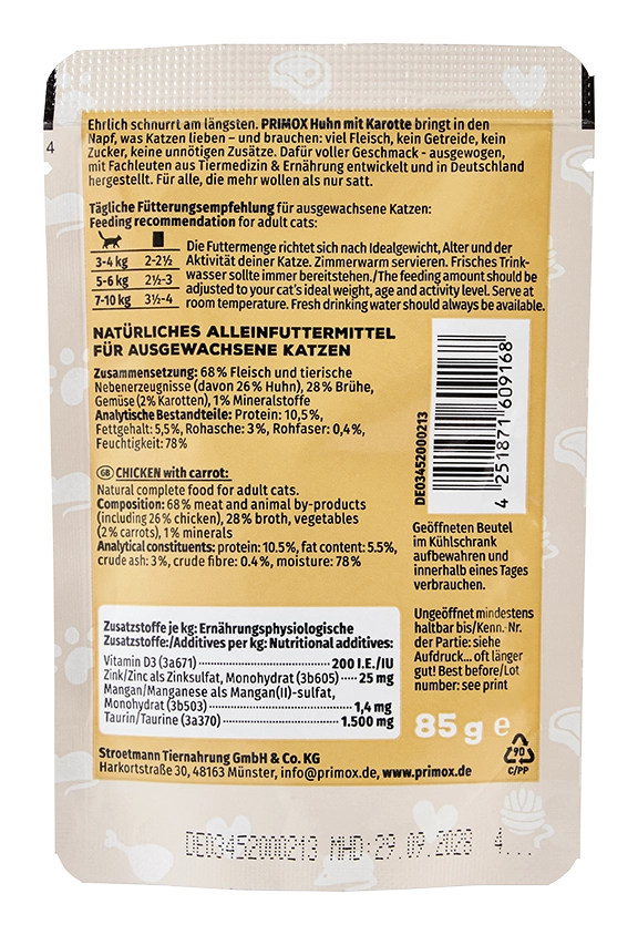 Primox - Katzennassfutter Huhn 85g Pouch - 12 x 85 g - 7