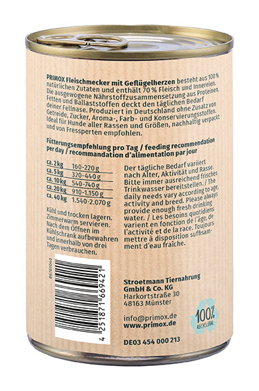Primox - Hunde Nassfutter mit Geflügelherzen 6 x 400g - 6 x 400 g - 4