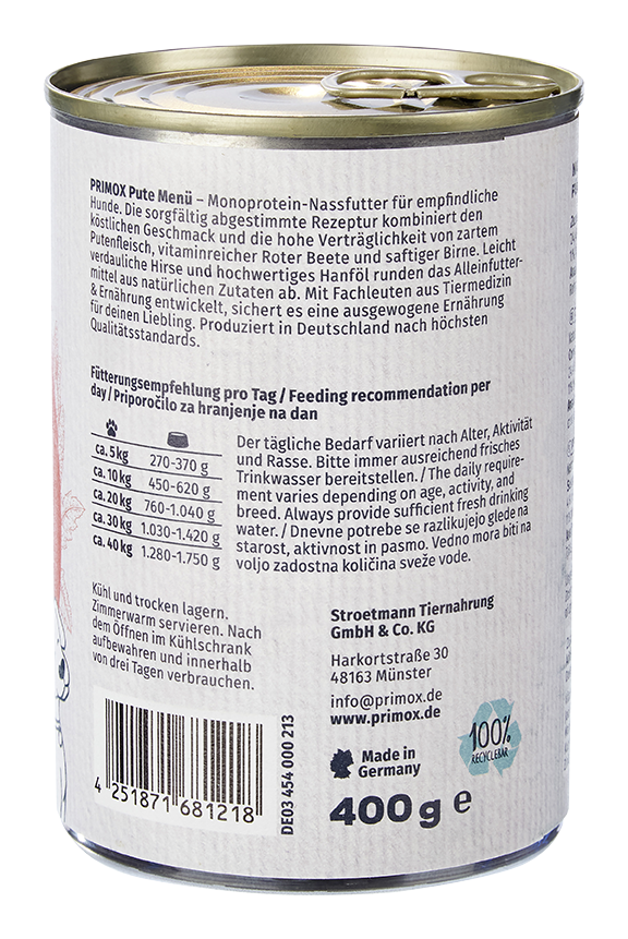 Primox - Hunde Nassfutter MENÜ mit Pute 6 x 400g - 6 x 400 g - 5