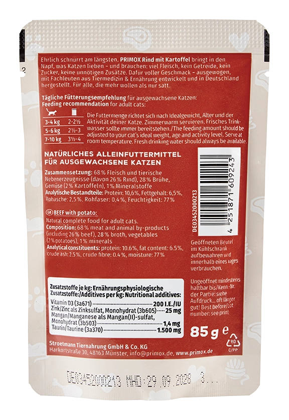 Primox - Katzennassfutter Rind 85g Pouch - 12 x 85 g - 5