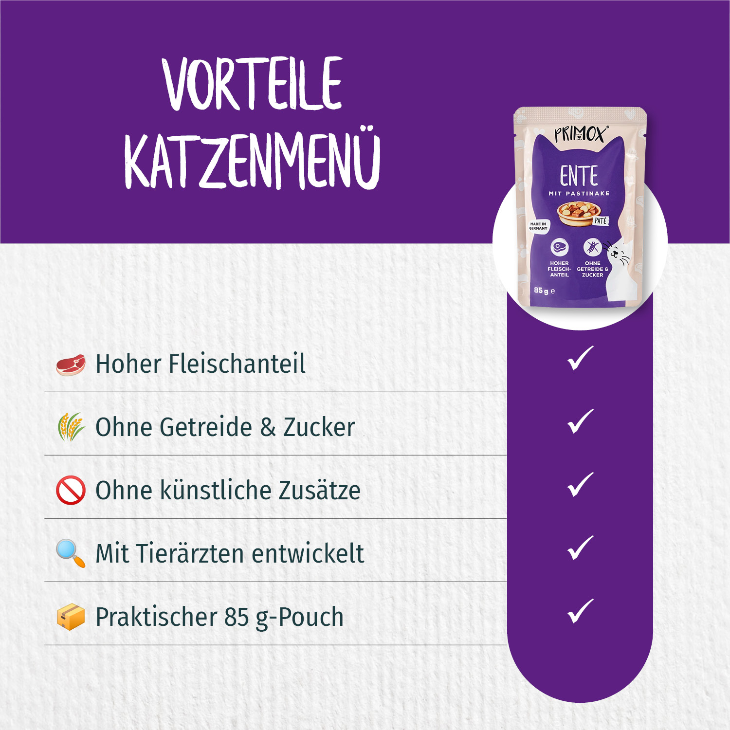 Primox - Katzennassfutter Ente 85g Pouch - 12 x 85 g - 2