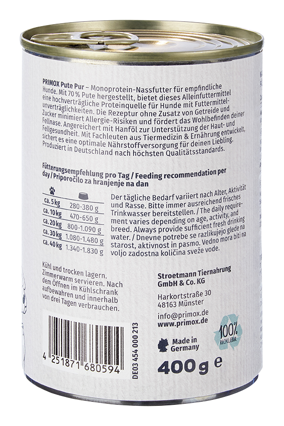 Primox - Hunde Nassfutter Pute PUR 6 x 400G - 6 x 400 g - 7