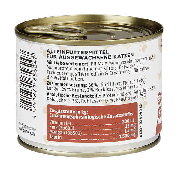 Primox - Katzenfutter Rind mit Kürbis 6x200g - 6 x 200 g - 6